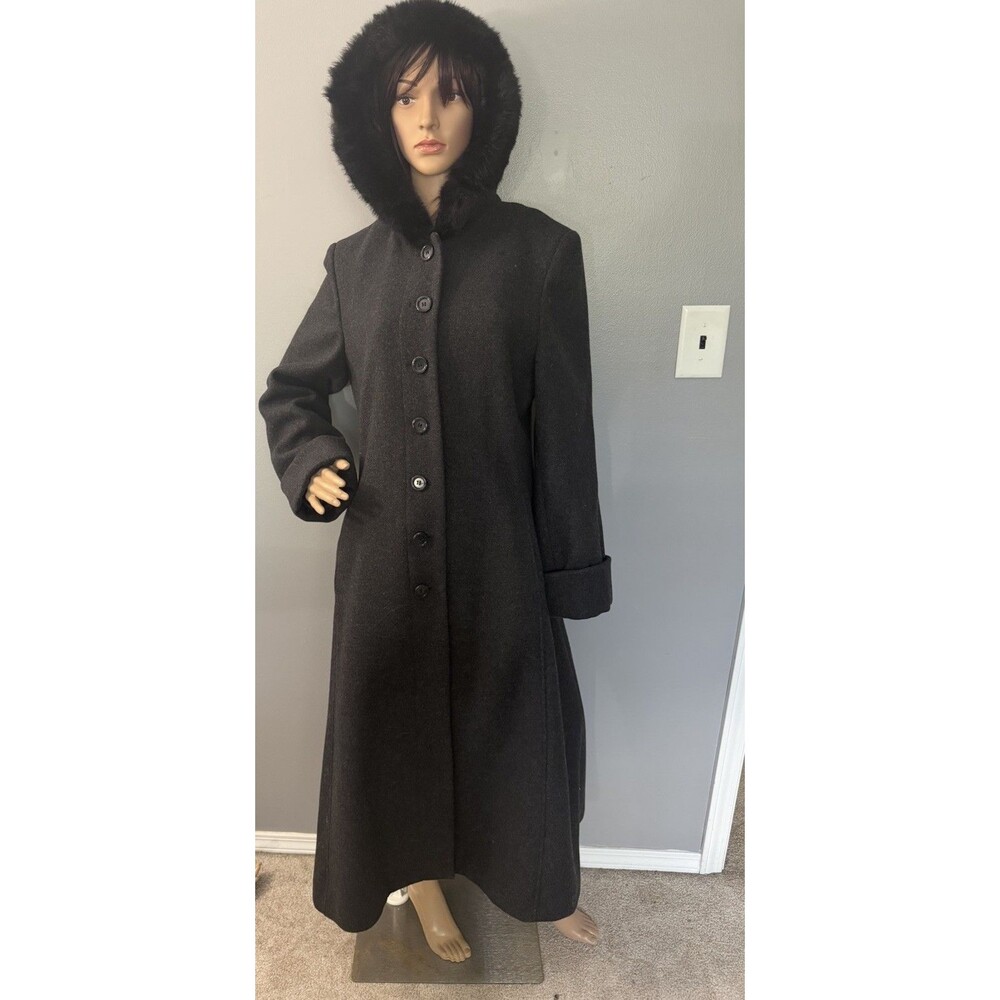 VTG Worthington Women's Charcoal Gray Long Wool Coat Rabbit Fur Trim Hood Size 8